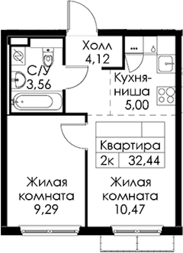 1-комнатная квартира 32.44 м², 6/15 эт., ЖК «Янинский лес»